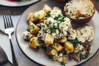 Smashed potato with Feta salad
